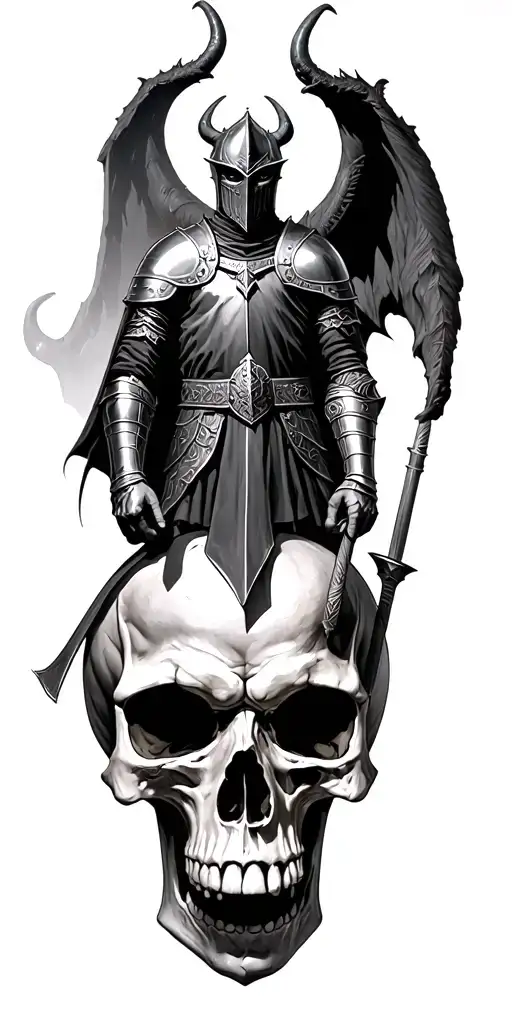 Medieval Knight Standing On A Skull Mountain With A Demon Behind Him