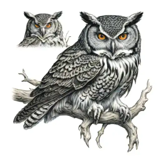 Fierce Looking Owl On A Branch With A Wolf Below Ready To Pounce