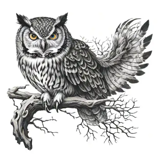Fierce Looking Owl On A Branch With A Wolf Below Ready To Pounce