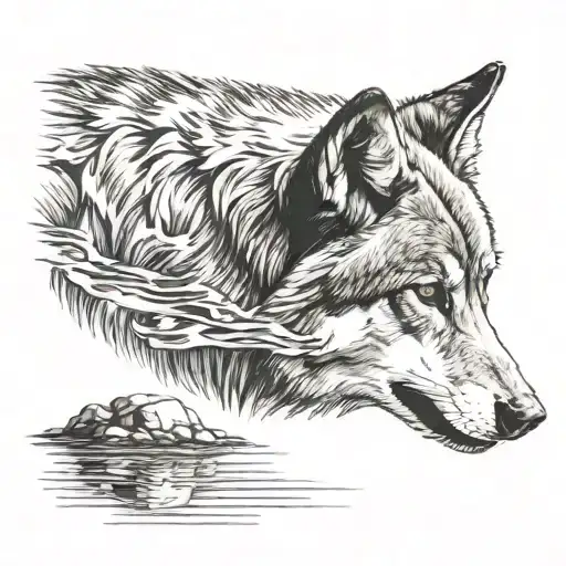 Mean Looking Wolf Looking At His Reflection