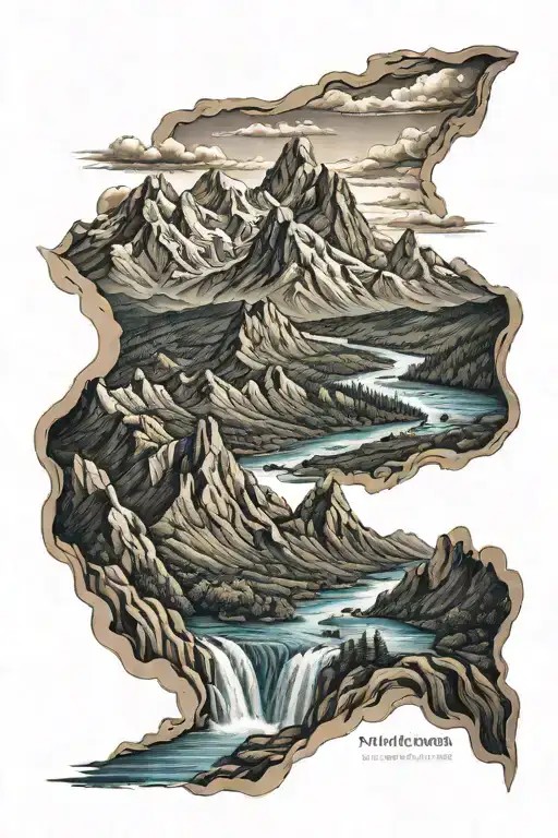 A Realistic Tattoo Of A Majestic Mountain Range With A Flowing River Winding Through It
