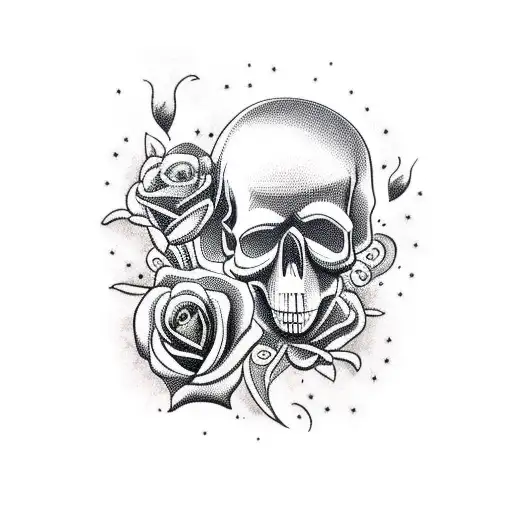 Skull With Hearts Roses And Clouds
