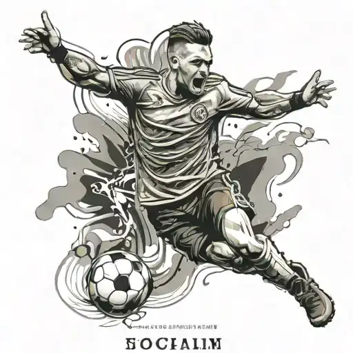 A Detailed Tattoo Of A Soccer Player In Combat Gear Celebrating A Goal