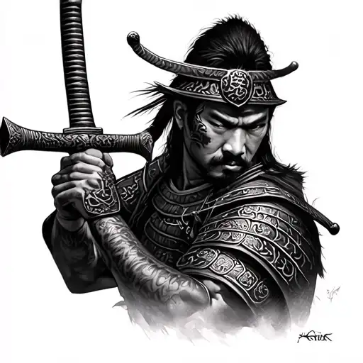 Black And White Samurai Warrior Holding Sword
