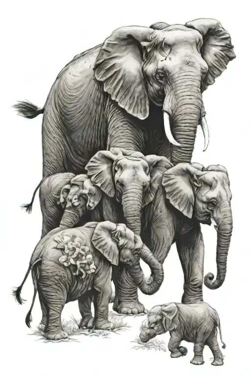 Roses And Lilys Surrounding Mom Elephant With Four Baby Elephants