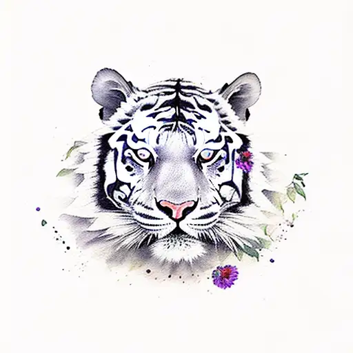 Watercolor Tiger With Flowers