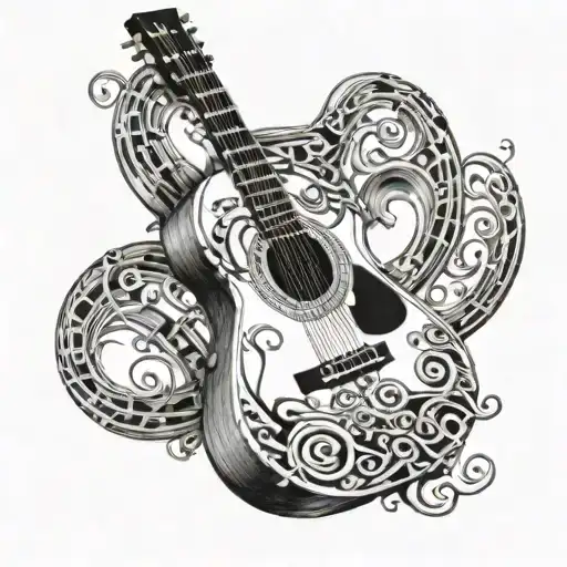 A Heart-shaped Guitar With Intricate Musical Notes Flowing Out Of The Sound Hole