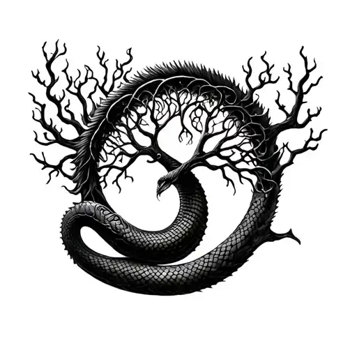 Tree Of Life And Oroboros Serpent Circling