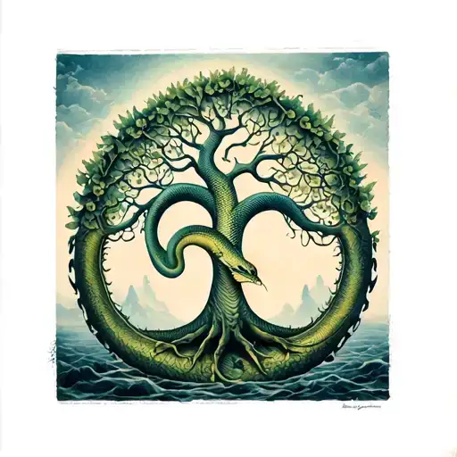 Tree Of Life And Oroboros Serpent Circling
