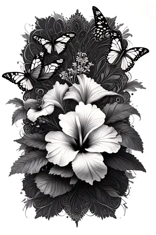 Hibiscus Flower With Butterflies And Mandala Design Incorporating Elements