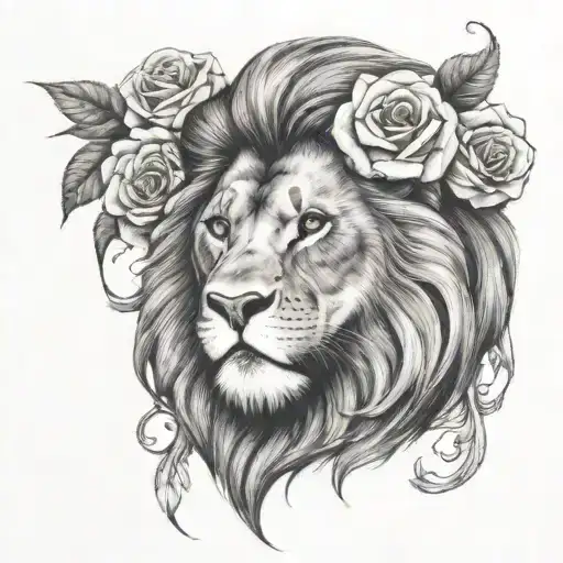 A Black And Grey Tattoo Of A Royal Majestic Lion With A Scar Surrounded By Red & Black Roses