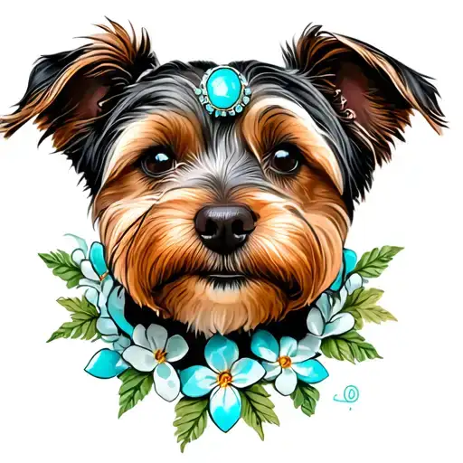 Dog Portrait Tattoo With Turquoise Jewelry With Flowers