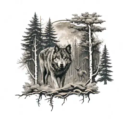 Wolf In A Big Forrest With Deers In The Background
