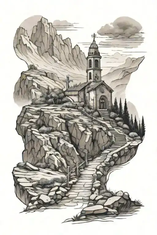 Mountain Landscape That Has A Path Leading To 3 Crosses And A Church At The Top