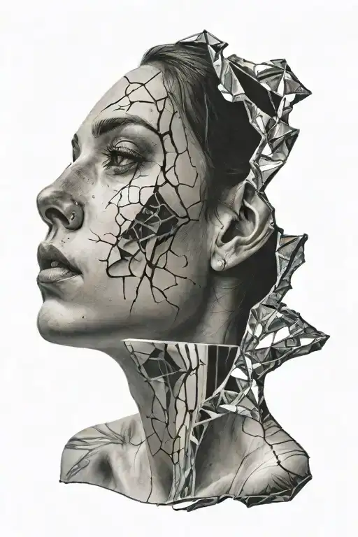 Woman Looking Into Broken Mirror Reflection