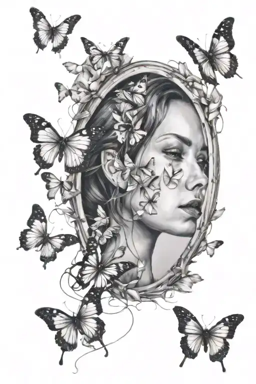 Woman Looking Into Broken Mirror With Butterflies Flying