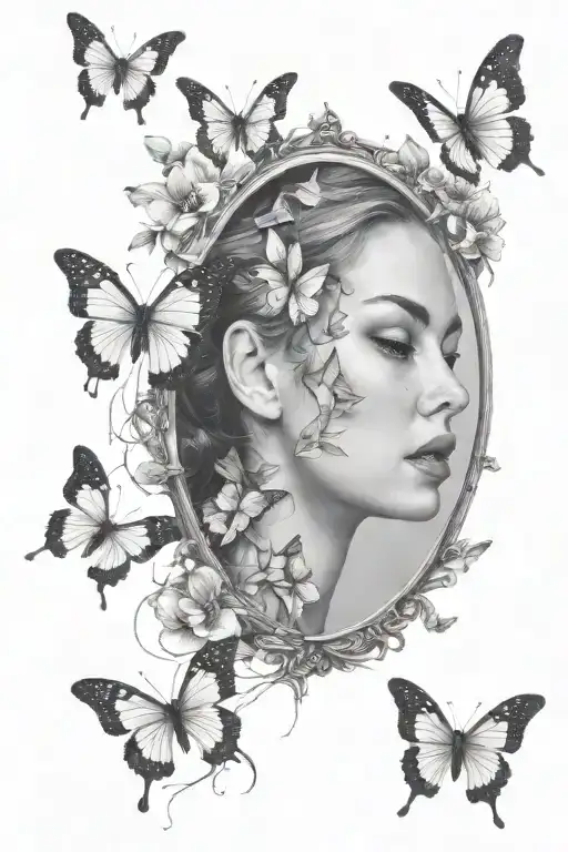Woman Looking Into Broken Mirror With Butterflies Flying