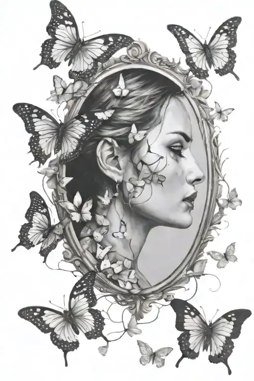 Woman Looking Into Broken Mirror With Butterflies Flying