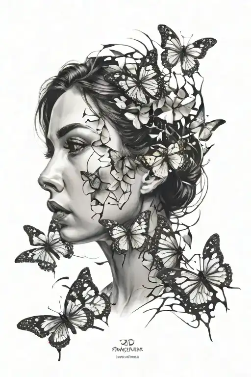 Woman Looking Into Broken Mirror Face On With Butterflies Flying
