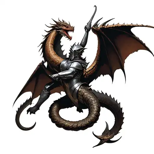 Winged Crusader Knight Fighting Dragon Coiled