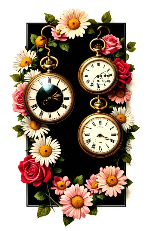 Two Pocket Watches Surrounded By Roses And Daisies