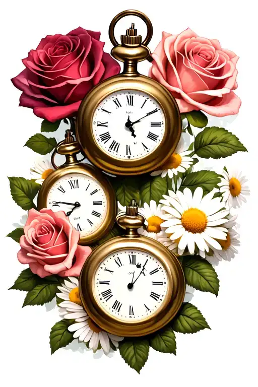 2 Pocket Watches Surrounded By Roses And Daisies