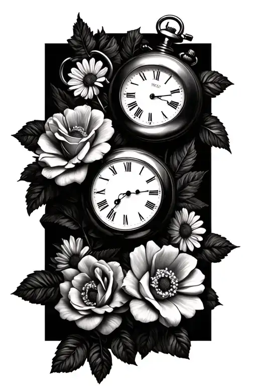Two Pocket Watches Surrounded By Roses And Daisies In Black And White