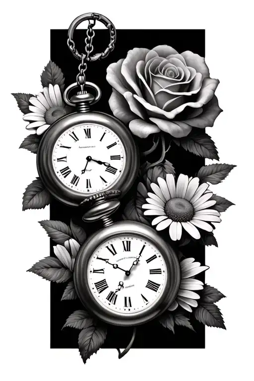 Two Pocket Watches Surrounded By Roses And Daisys In Black Grey And White