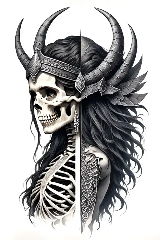 The Norse Godess Hel Facing Forward And Half Of Her Is Skeleton