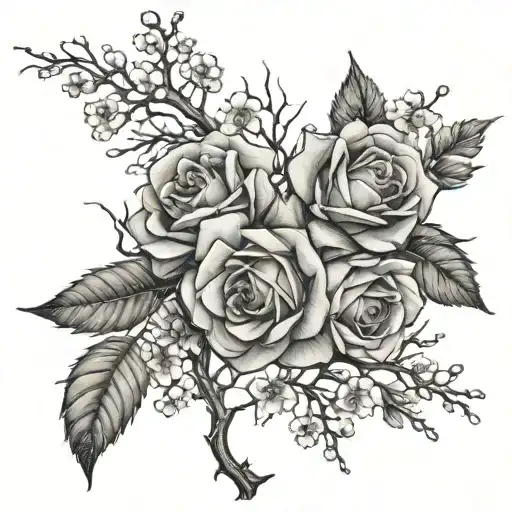 Rose Stem With Thorns And Cherry Blossoms