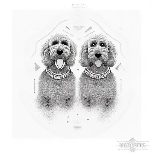 Labradoodle Face And Below Silhouettes Of Man Dog And Woman