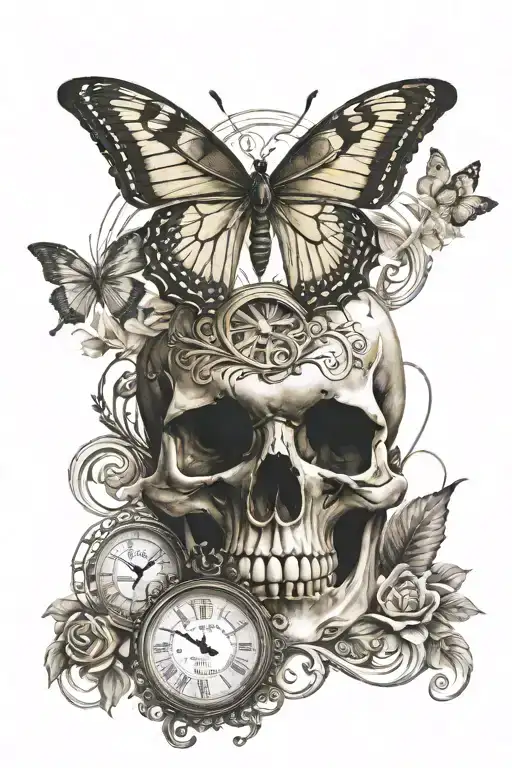 Skull Butterfly With Sand Clock