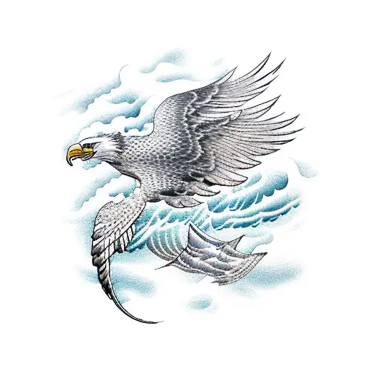 Ocean Waves With Eagle Wings And Japanese Symbols