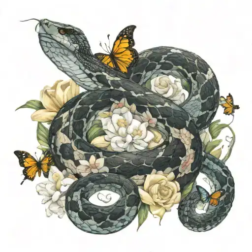 Long Cobra Snake Slithering Over Bed Of Flowers With Butterflies