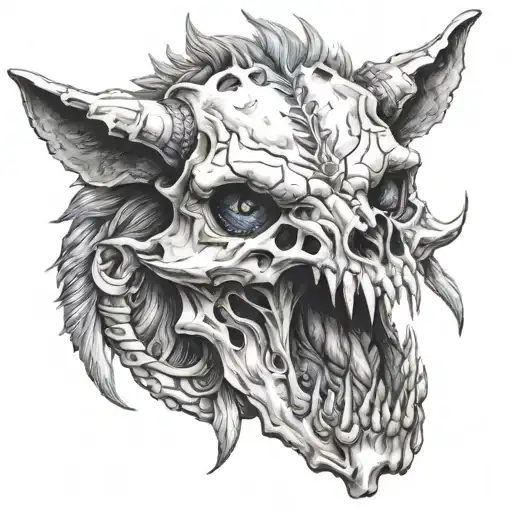 Design For The Width On A Wolf Skull With Goat Horns Coming Out