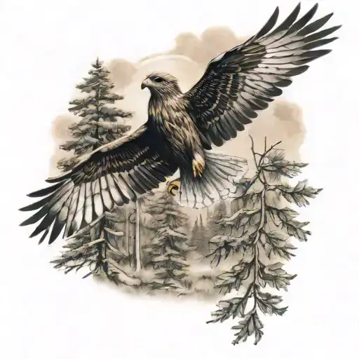 Forest Scene With A Hawk Flying
