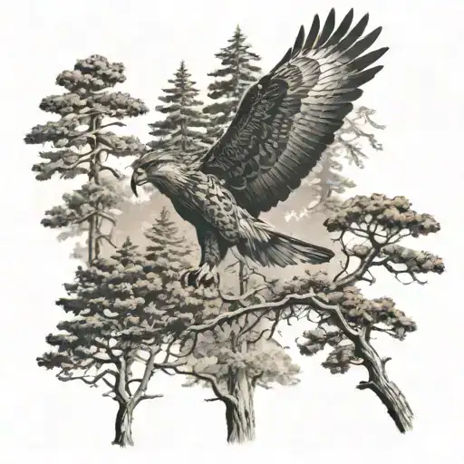 Forest Scene With Tall Tree In Front And Hawk In Background