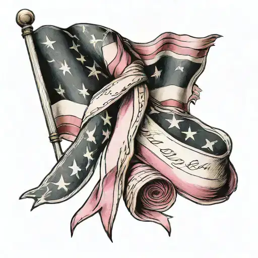 Us Folded Flag With Breast Cancer Ribbon