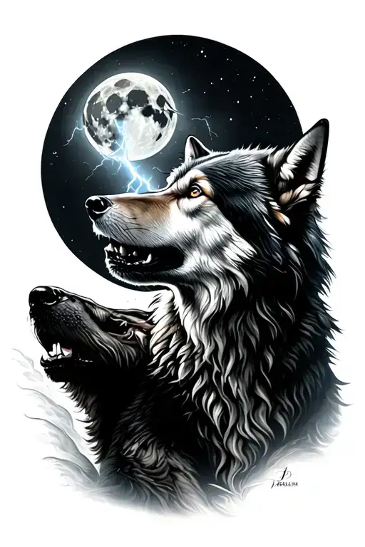 Lighting Strikes Shaping A Wolf Howling At The Moon