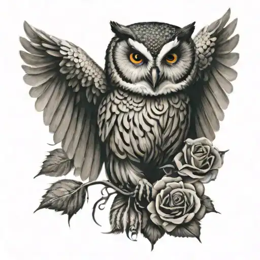An Owl With Open Wings That Has In His Feet Grab A Rose