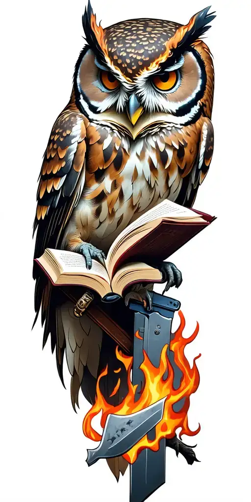 Owl Holding A Book On Fire With A Knife Stored On Back