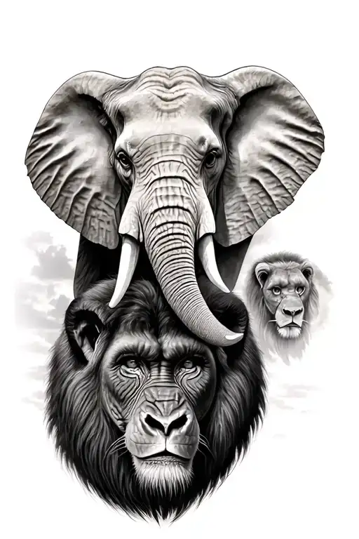 Elephant Head Surrounded By A Lion Head And A Gorilla Head