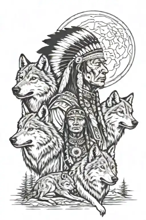 American Indian And Wolves Representing Family
