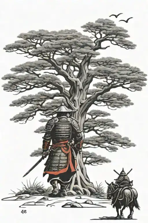 Samurai In Armor With His Son Walking Towards A Big Tree View From The Back