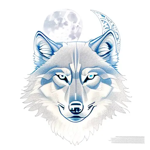 Transparent Holding Wolf With Blue Eyes In Dark Forest With Moon