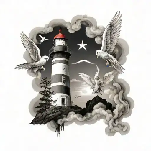 Lighthouse With Two Angels Flying