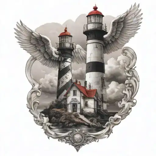 Lighthouse With Two Human Angels Flying