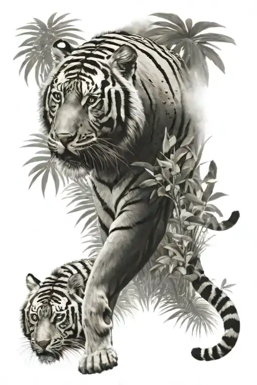 Walking Calm Tiger With Whole Body Jungle Background