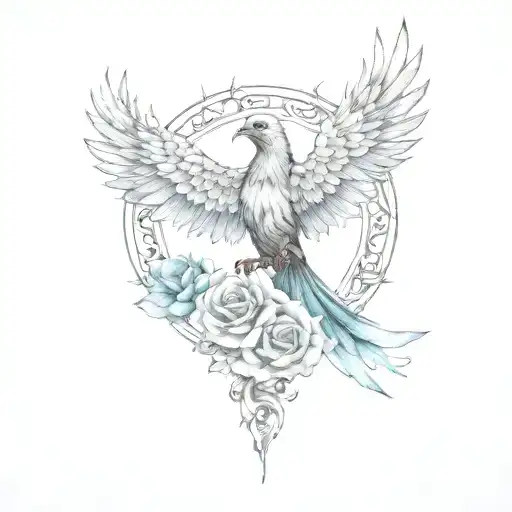 Black And Turquoise Pheonix Rising From Rose Ash Surrounded By Black Lace