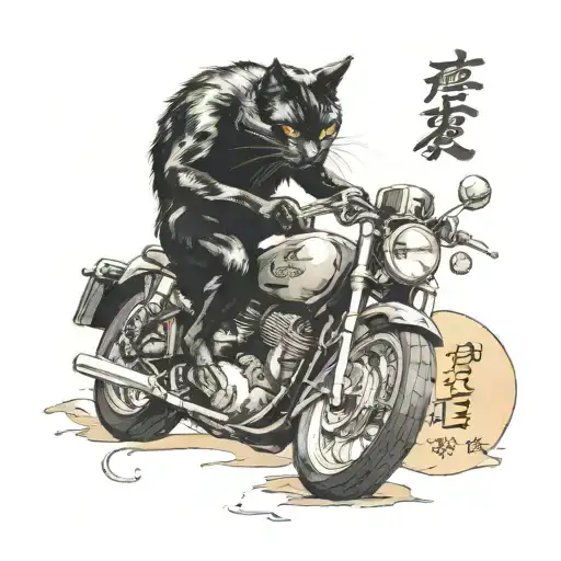Black Cat Eating A Notebook With Kanji Written On It While Riding A Motorcycle